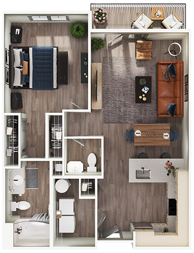 Floor plan for 1 bed, 1.5 baths, 825 sqft